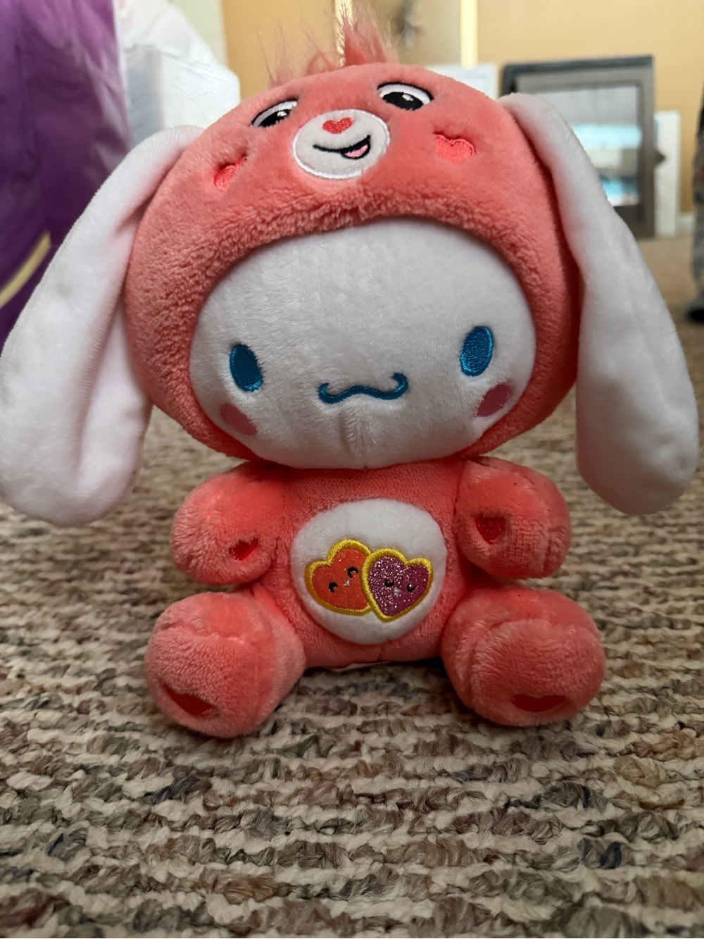 Coral Plush Bunny with Heart Patch - Soft Stuffed Animal